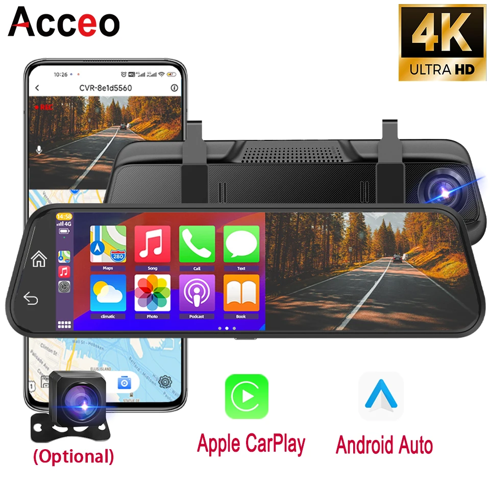 Kamera samochodowa 4K z lusterkiem, Android Auto, obsługa 5G WiFi, GPS, kamera tylna 1080P, noktowizja…