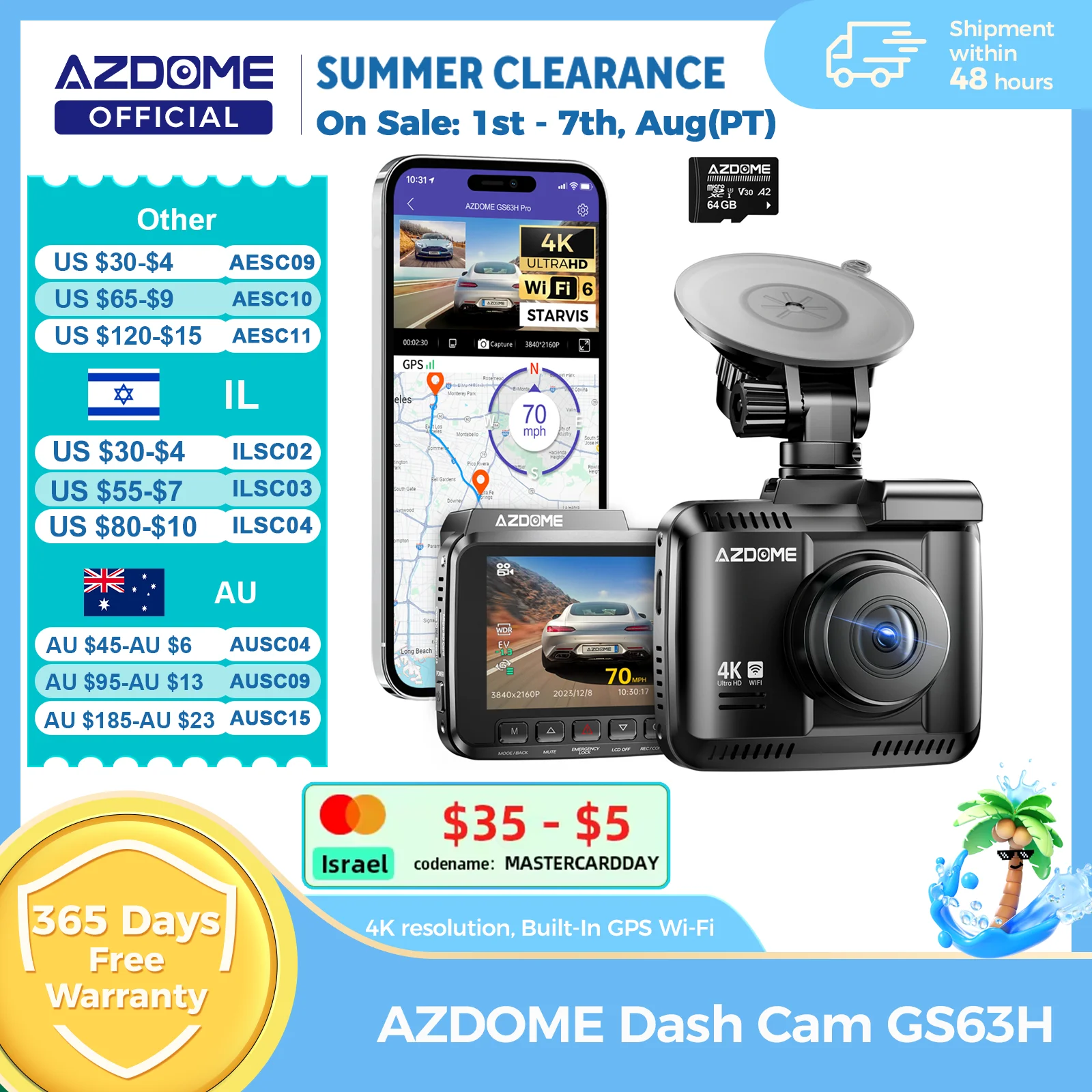 Kamera samochodowa AZDOME Dash Cam GS63H 4K z wbudowanym GPS, Wi-Fi, ekranem Starvis 2,4 cala, WDR…
