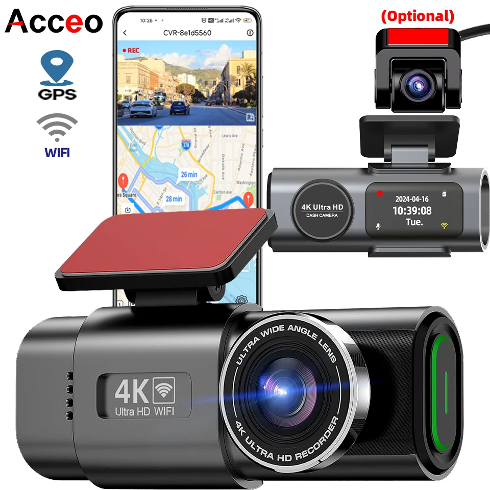 Kamera samochodowa Dash Cam 4K UHD z nagrywaniem DVR, noktowizor, rejestrator wideo, wbudowane Wi-Fi, obsługa…