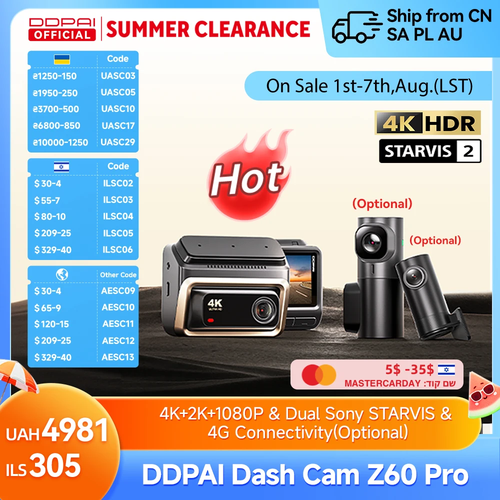 Kamera samochodowa DDPAI Z60 Pro 4K z GPS, dwuobiektywowa, z czujnikiem SONY, WiFi, ADAS, noktowizją i funkcją…