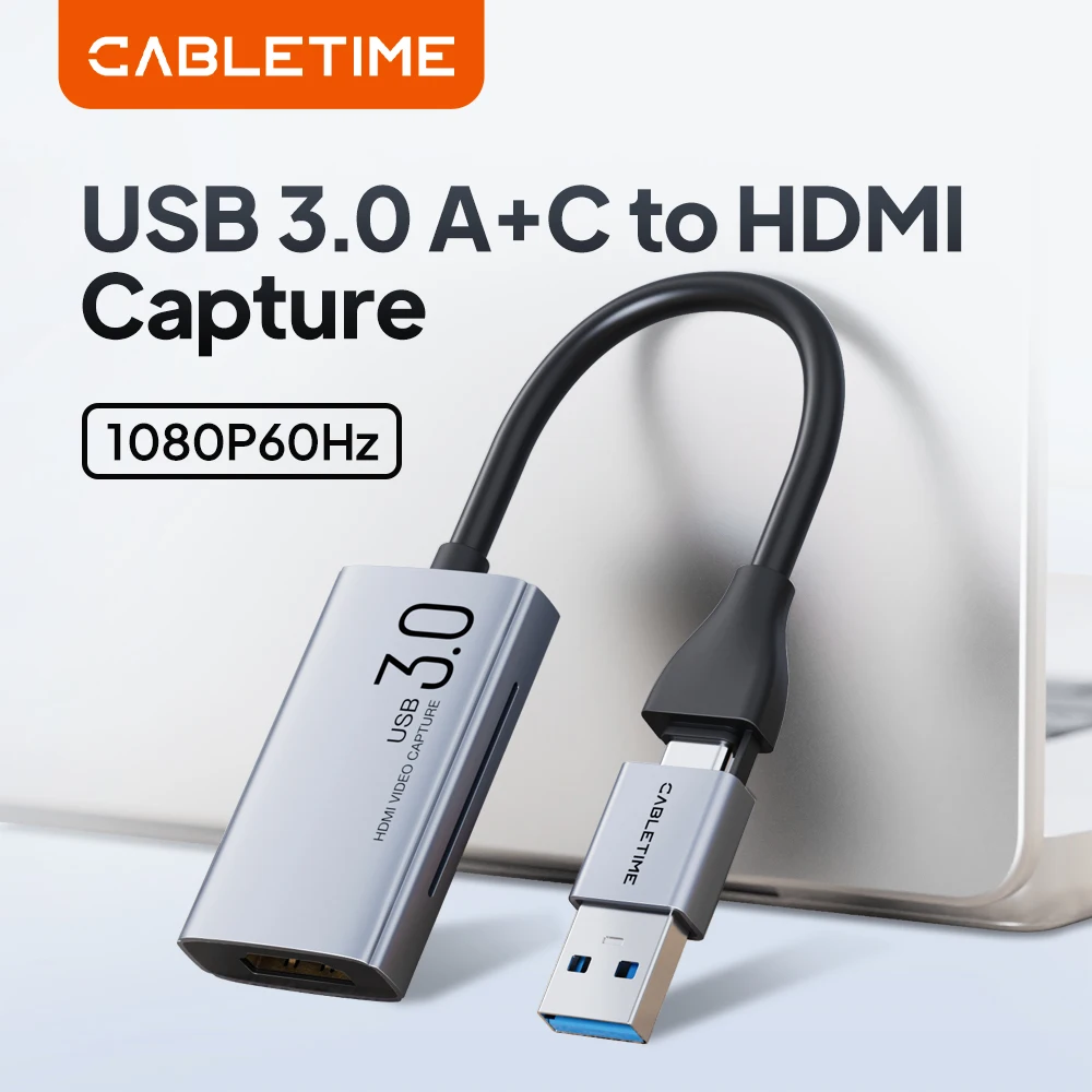 Karta przechwytywania wideo CABLETIME USB 3.0 4K HDMI do USBA USB-C, moduł do przechwytywania wideo HDMI do…
