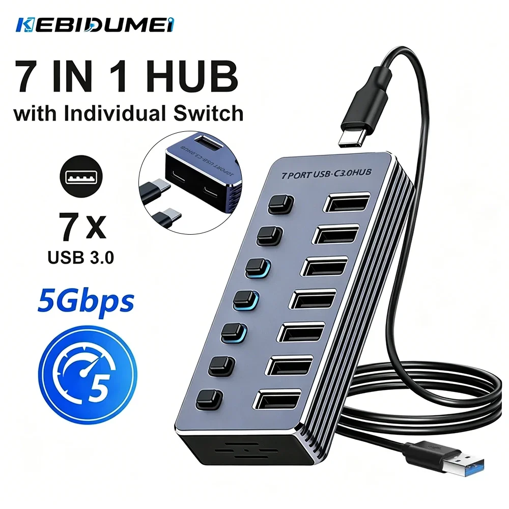 KEBIDUMEI 7-portowy Hub USB 3.0 z indywidualnymi przełącznikami On/Off, aluminiowy rozdzielacz USB, adapter o… KEBIDUMEI 7-portowy Hub USB 3.0 z indywidualnymi przełącznikami On/Off, aluminiowy rozdzielacz USB, adapter o…