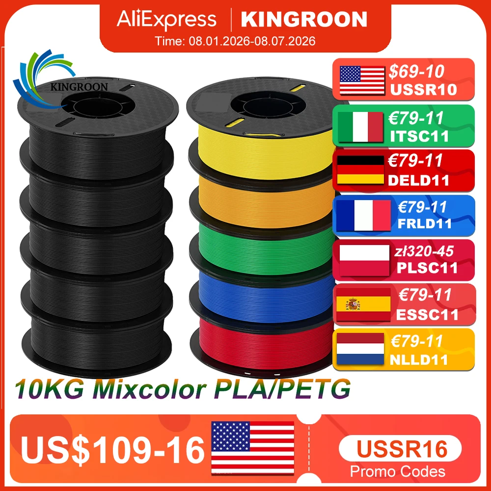 KINGROON 10KG PLA Filament PETG 3d Filament 1.75mm Do drukarki 3D Pakiet filamentów Mieszane kolory Materiał…