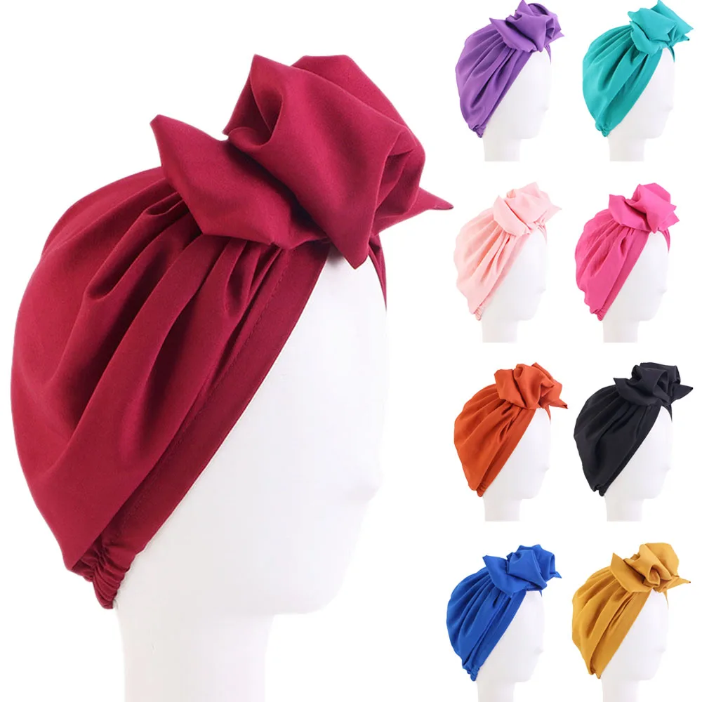 Kobiety Bowknot Turban elastyczne czapki plisowane czepek dla osób po chemioterapii hidżab muzułmańskie…