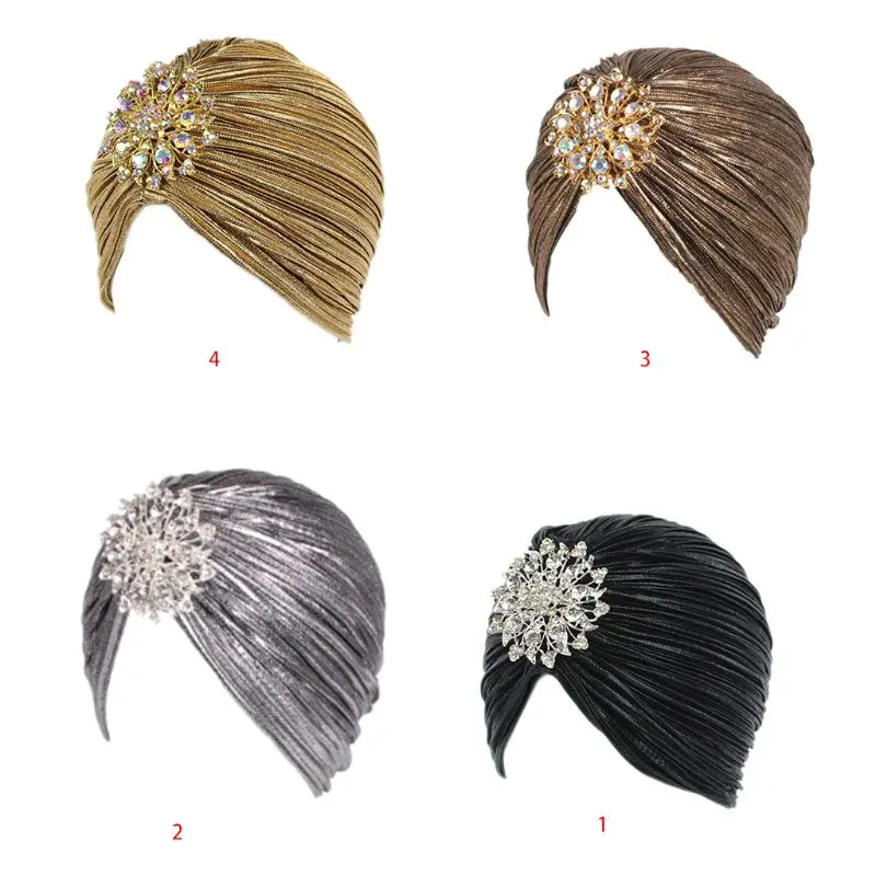 Kobiety indyjski Turban kapelusz chusta na głowę plisowana z miękkiego aksamitu włosy hidżab z biżuterią… Kobiety indyjski Turban kapelusz chusta na głowę plisowana z miękkiego aksamitu włosy hidżab z biżuterią…