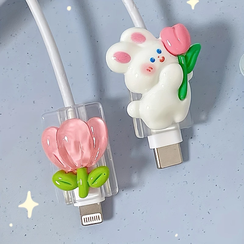 Koreańskie Śliczne Kwiaty 3D Królik Etui na Ładowarkę Ochraniacz Przewodu Ładowarki Organizer Organizer…