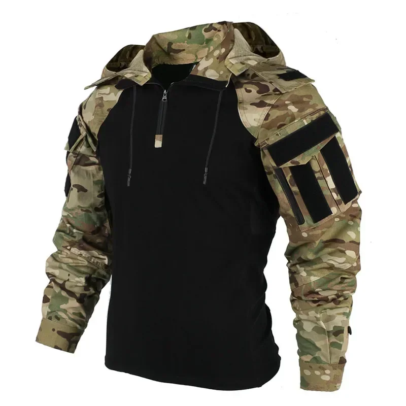 Koszule outdoorowe Camo Combat T-Shirt z kapturem Męska koszula taktyczna do pracy Airsoft Paintball Camping…