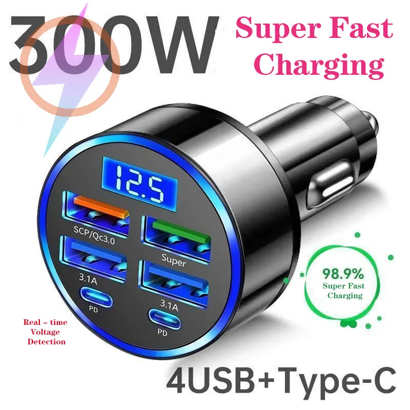 Ładowarka samochodowa 300W z 6 portami, szybkie ładowanie PD/QC/SCP/FCP/AFC/PSS, ładowanie flash z… Ładowarka samochodowa 300W z 6 portami, szybkie ładowanie PD/QC/SCP/FCP/AFC/PSS, ładowanie flash z…