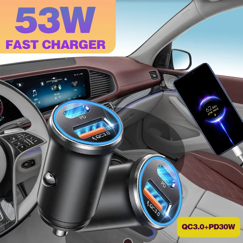 Ładowarka samochodowa Max 60W ze stopu aluminium, dwuportowa 30W PD, szybkie ładowanie QC3.0, super szybkie…