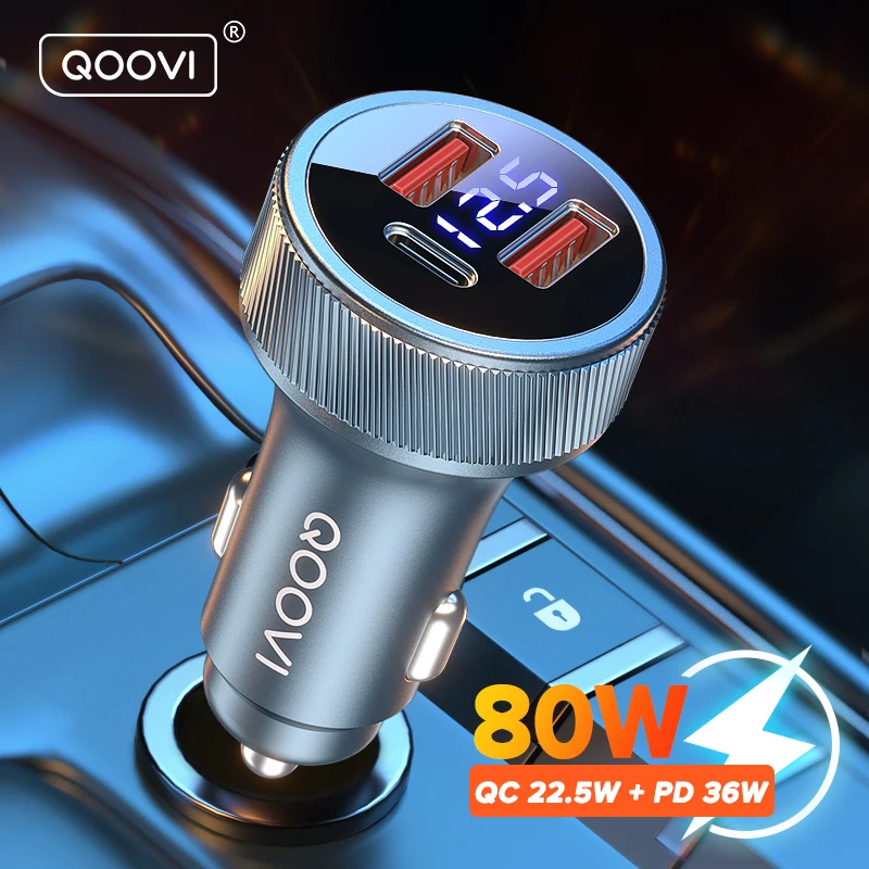 Ładowarka samochodowa QOOVI 80W PD USB Typ C z dwoma portami USB do szybkiego ładowania telefonów iPhone 13…