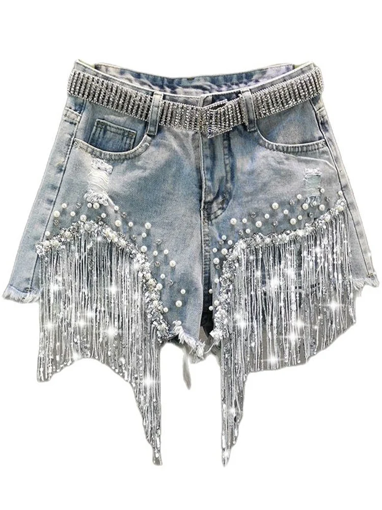 Lato eleganckie spodenki Lady Tassel wysadzane cekinkami talia szerokie nogawki spodenki jeansowe kobiece… Lato eleganckie spodenki Lady Tassel wysadzane cekinkami talia szerokie nogawki spodenki jeansowe kobiece…