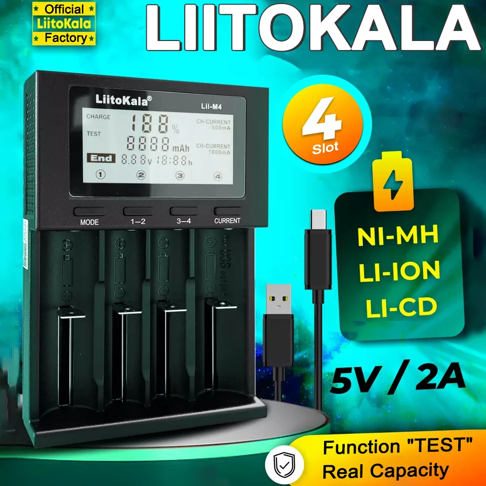 LiitoKala Lii-M4 18650 Ładowarka z wyświetlaczem LCD Uniwersalna inteligentna ładowarka Test Pojemność 26650…