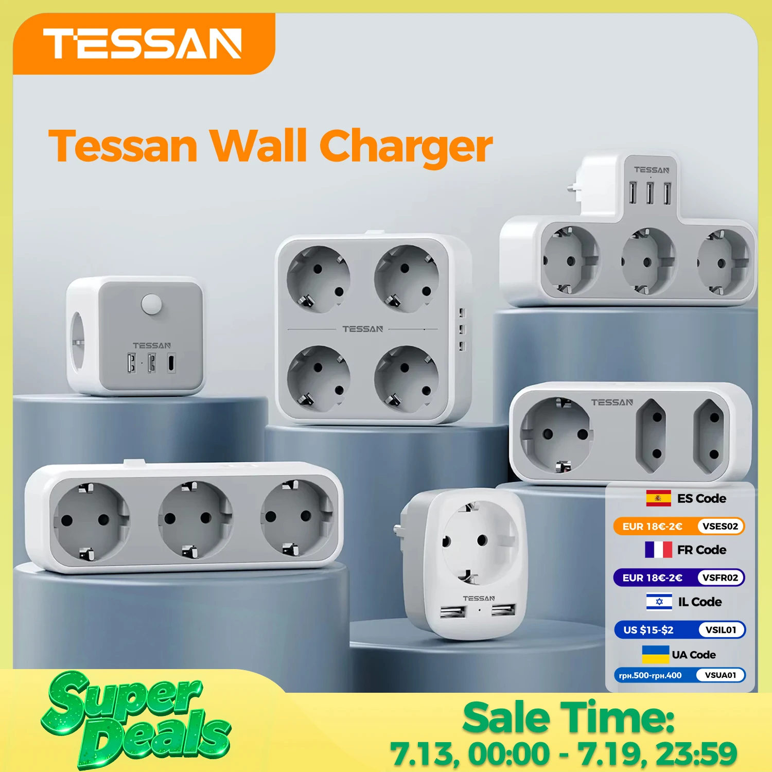 Listwa zasilająca TESSAN z wtyczką EU, gniazdami AC i portami USB, wielogniazdkowy adapter do gniazdka…