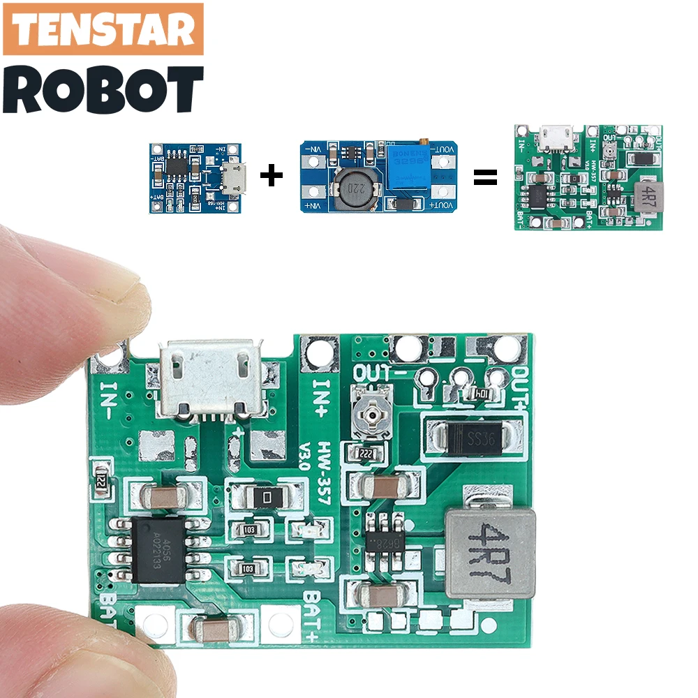 Litowo-jonowy 18650 3.7V 4.2V płyta ładowarki DC-DC moduł zwiększający napięcie TP4056 + MT3608 DIY części… Litowo-jonowy 18650 3.7V 4.2V płyta ładowarki DC-DC moduł zwiększający napięcie TP4056 + MT3608 DIY części…