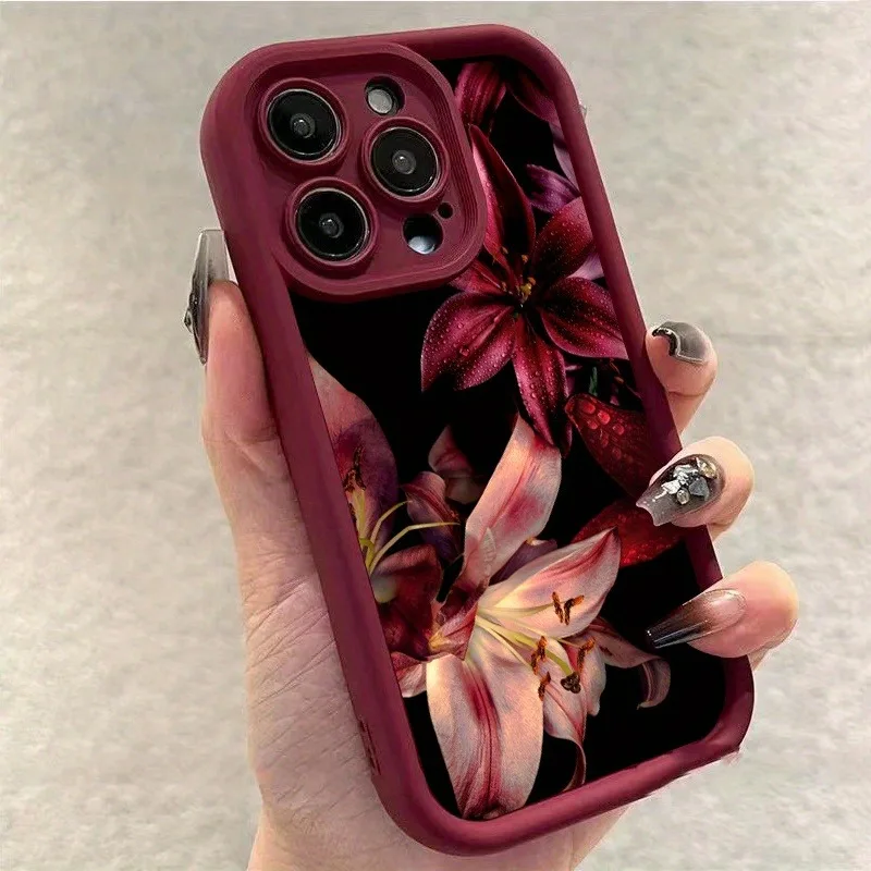 Luksusowe etui na telefon w kolorze ciemnego wina z motywem ciemnym, z wzorem kropli wody i lilii, do iPhone… Luksusowe etui na telefon w kolorze ciemnego wina z motywem ciemnym, z wzorem kropli wody i lilii, do iPhone…