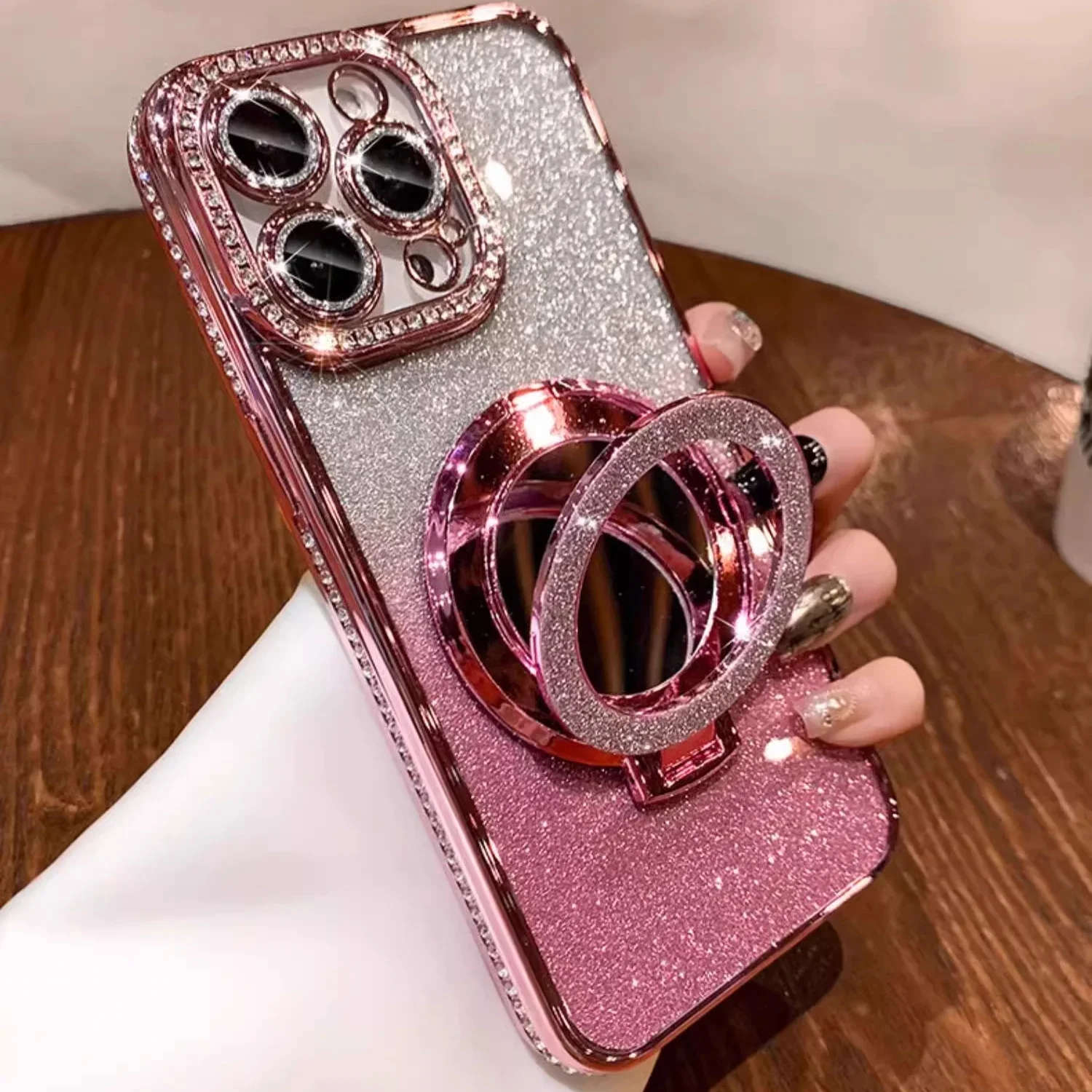 Luksusowe etui z klejnotami na iPhone’a 16 11 12 13 14 15 Pro Max, brokatowe, lustrzane, z uchwytem i osłoną…