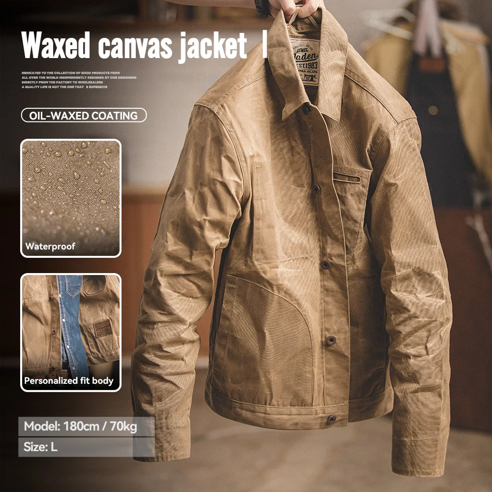 Maden Vintage męskie płócienne kurtki olejowo-woskowe Khaki z wieloma kieszeniami i kołnierzem z klapami…