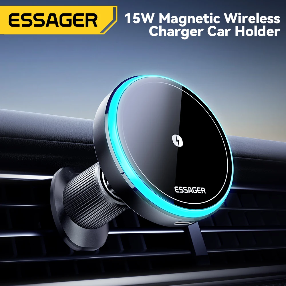 Magnetyczny uchwyt samochodowy na telefon Essager z bezprzewodową ładowarką 15W, stojak do iPhone 17 16 15 14…