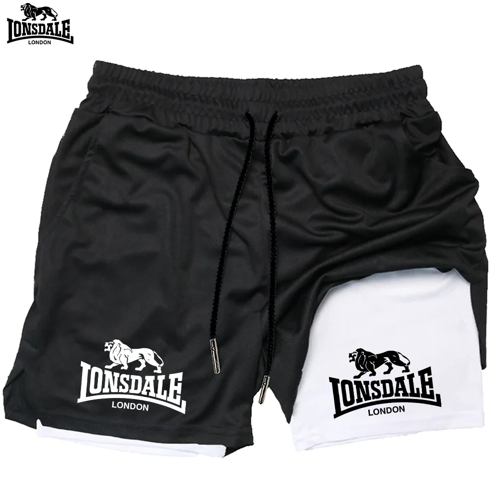 Męskie spodenki sportowe LONSDALE z nadrukiem, dwuwarstwowe, 2w1, szybkoschnące, do fitnessu, na zewnątrz, do…