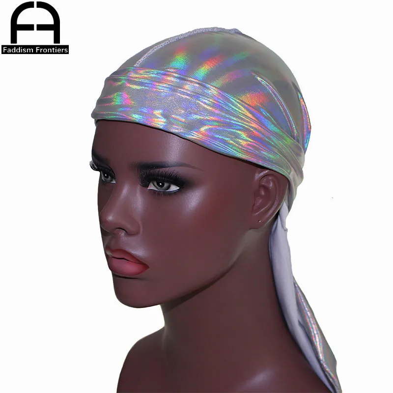 Męskie świecące kolorowe Durags Turban bandany nakrycia głowy jedwabiste wewnątrz mężczyzn Durag Wave czapki…