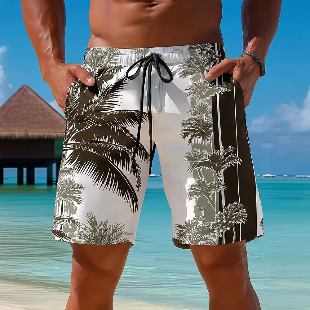 Męskie szorty casualowe z motywem kokosów, średni stan, styl hawajski, sznurki w pasie, boczne kieszenie…