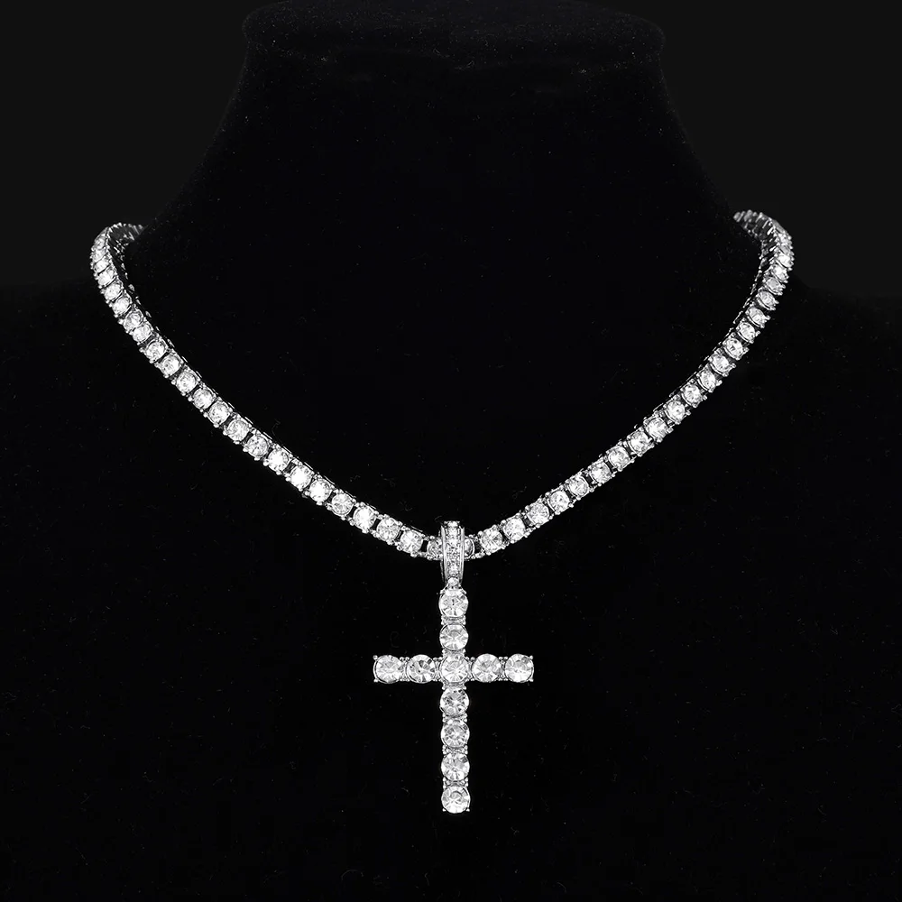 Mężczyźni Kobiety Hip Hop Krzyż Naszyjnik Z 4mm Cyrkoniowym Łańcuchem Tenisowym Iced Out Wykwintna Bling… Mężczyźni Kobiety Hip Hop Krzyż Naszyjnik Z 4mm Cyrkoniowym Łańcuchem Tenisowym Iced Out Wykwintna Bling…