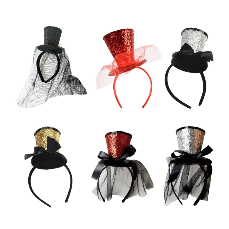 Mini Top Hat Decor karnawałowe akcesoria do włosów kobiety studenci transmisja na żywo Hairband cekiny opaski…