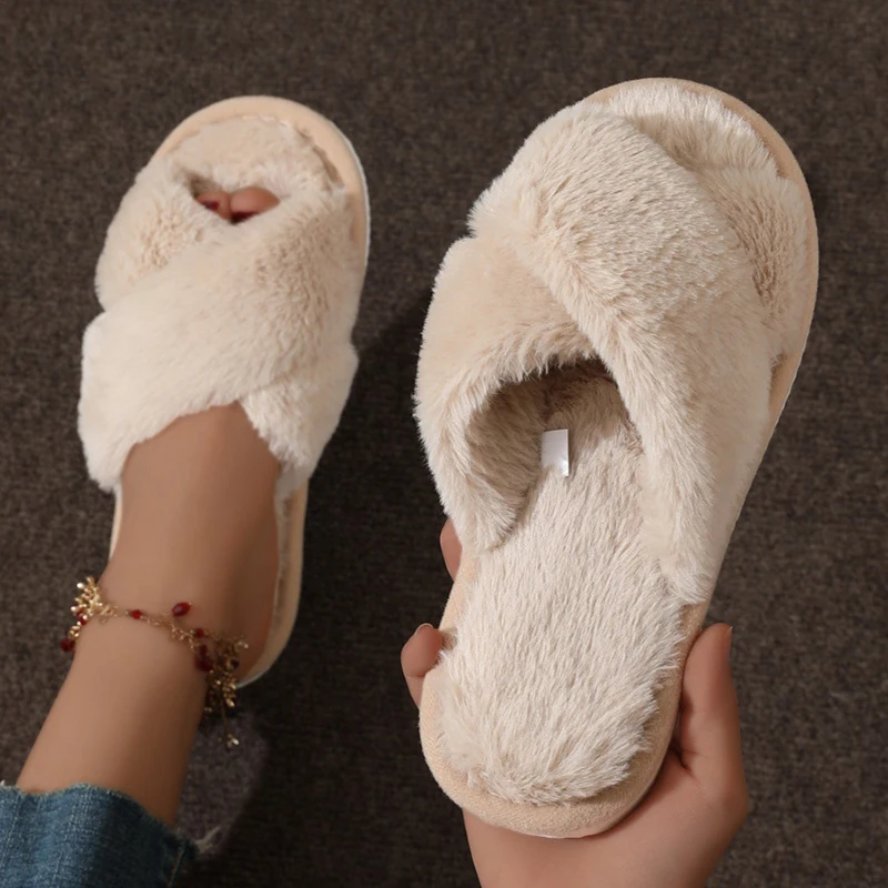 Moda damska Puszyste kapcie Cross Band Miękkie pluszowe przytulne buty domowe Furry Open Toe Indoor Outdoor… Moda damska Puszyste kapcie Cross Band Miękkie pluszowe przytulne buty domowe Furry Open Toe Indoor Outdoor…