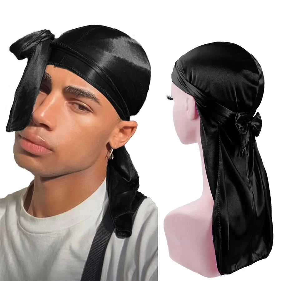 Modna satynowa Durag Turban peruka Durag Biker czapka piracka czapka dla mężczyzn akcesoria do włosów długi…