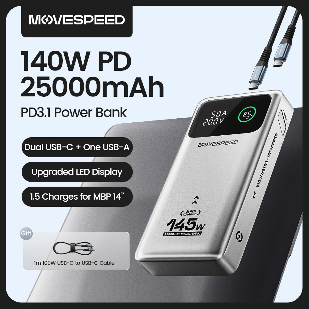 MOVESPEED M25Pro 140W Power Bank 25000mAh PD3.1 Szybkie Ładowanie Przenośny Zewnętrzny Akumulator 100W… MOVESPEED M25Pro 140W Power Bank 25000mAh PD3.1 Szybkie Ładowanie Przenośny Zewnętrzny Akumulator 100W…