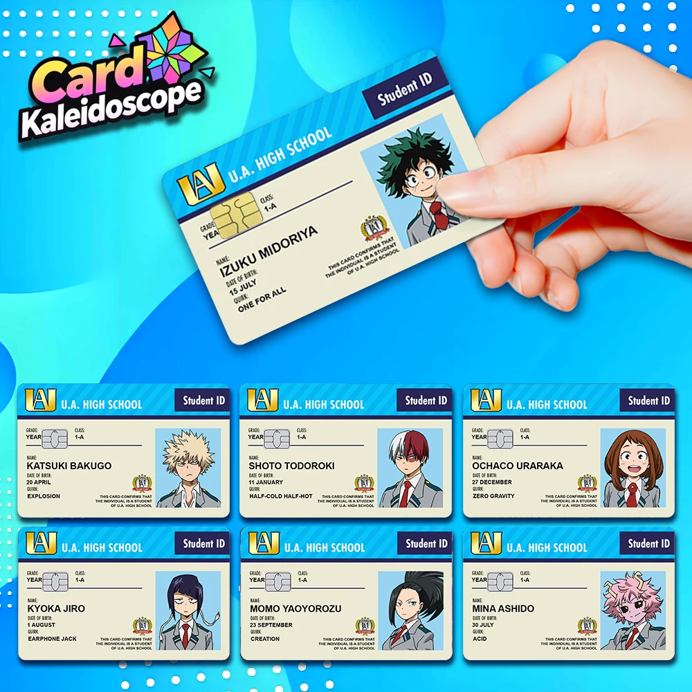 Naklejka na kartę w stylu anime My Hero Academia, imitująca identyfikator ucznia, do dekoracji kart VISA, JCB…