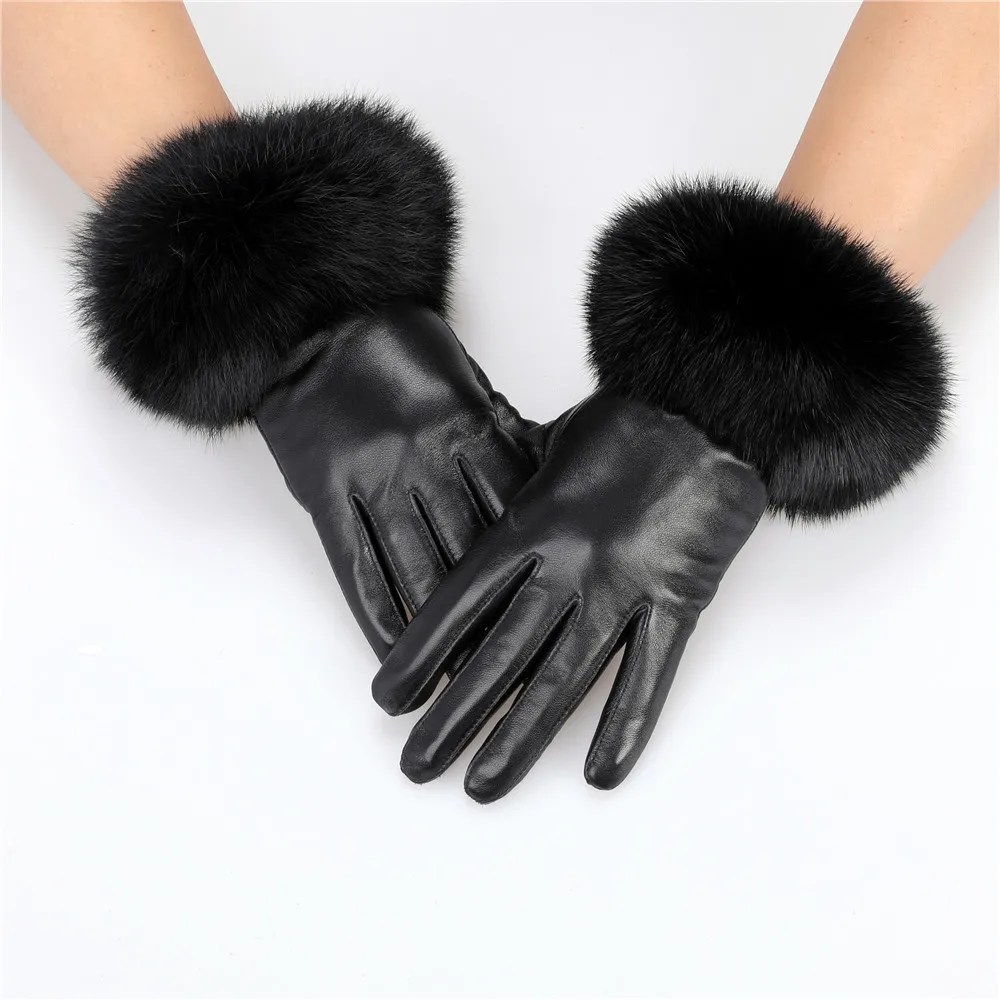 New Arrival hurtownia damskich rękawiczek z prawdziwej skóry owczej z mankietami z futra królika kobiece…