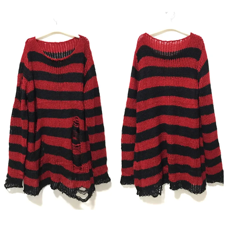New Punk Gothic Long Unisex Sweater Summer Women Striped Cool Hollow Out Hole Broken Jumper Loose Rock Thin… New Punk Gothic Long Unisex Sweater Summer Women Striped Cool Hollow Out Hole Broken Jumper Loose Rock Thin…