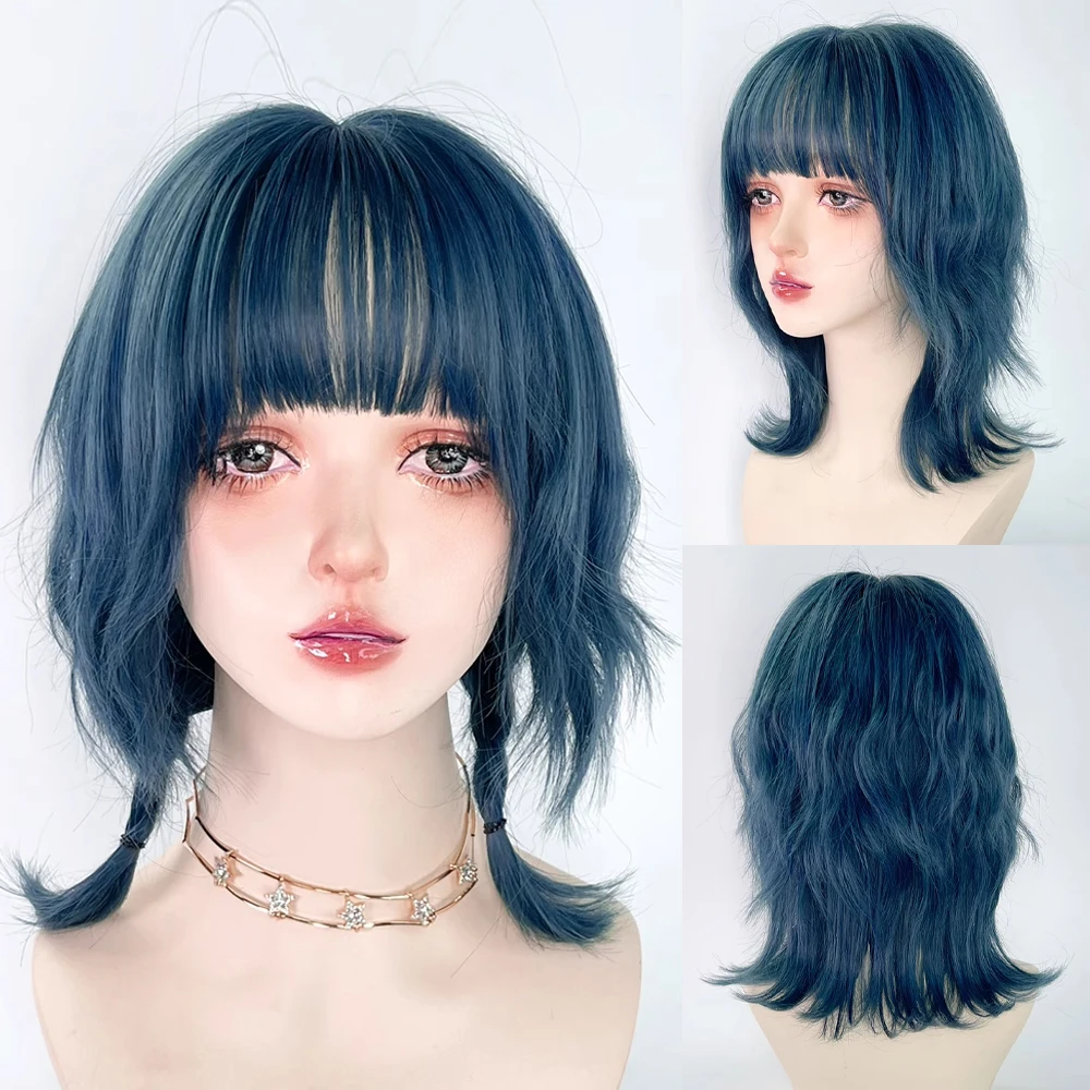 Niebieska syntetyczna peruka z głową Mullet z grzywką Krótka prosta Lolita Anime Cosplay Puszysta peruka do…