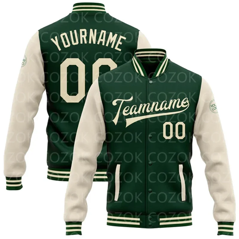 Niestandardowa zielona i beżowa kurtka baseballowa z nadrukiem 3D Bomber Full-Snap Varsity Letterman Jacket Niestandardowa zielona i beżowa kurtka baseballowa z nadrukiem 3D Bomber Full-Snap Varsity Letterman Jacket