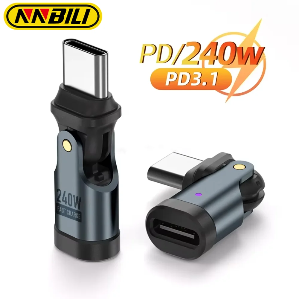 NNBILI Adapter USB-C na USB-C z obrotem 180 stopni, PD240W, USB3.1, OTG, kabel szybkiego ładowania 5A…