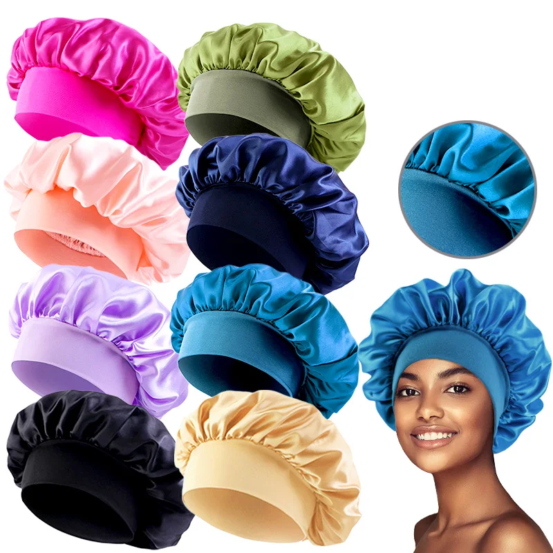 Nowa damska satynowa czapka do spania z szerokim rondem Unisex Head Wrap Elastic Band Cap Hair Care Bonnet…