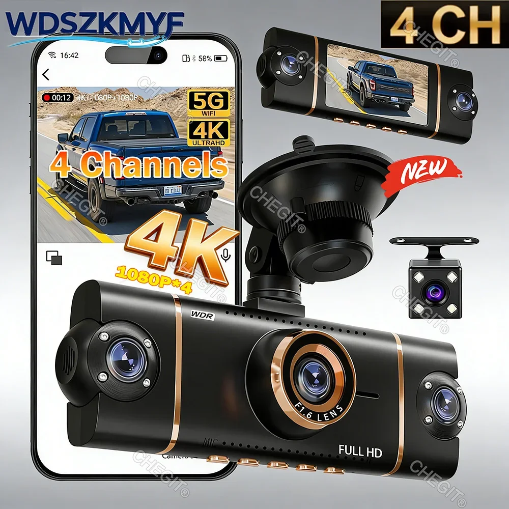 Nowa kamera samochodowa 4K 360 ° Kamera samochodowa z czterema obiektywami, WIFI, 1080P*4CH, monitoring…