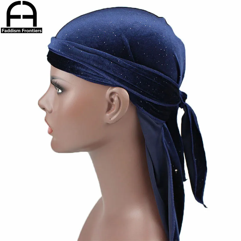 Nowe luksusowe męskie błyszczące aksamitne Durags Turban chustka z pałąkiem na głowę mężczyźni Durag Biker…