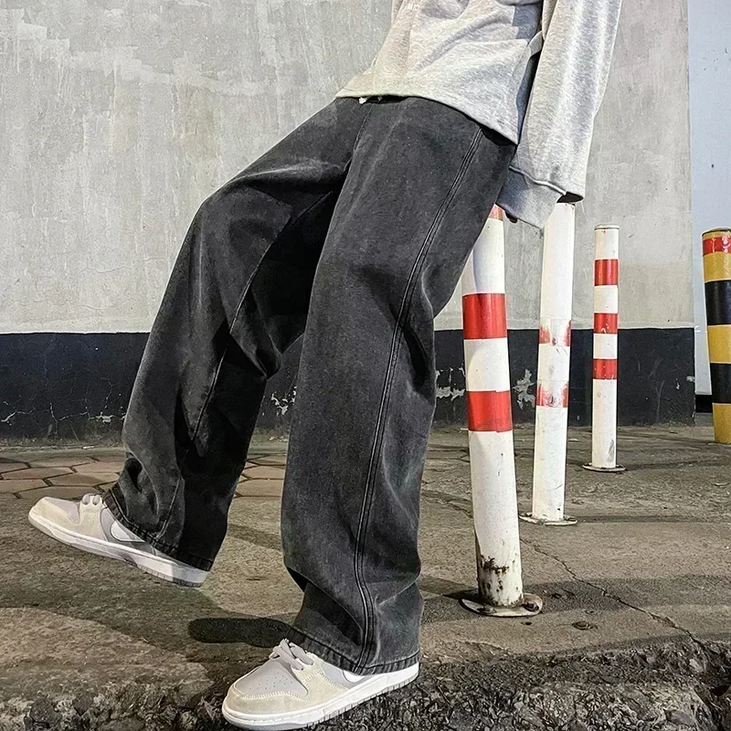 Nowe luźne jeansy streetwearowe męskie w stylu koreańskim, modne luźne spodnie z prostymi szerokimi nogawkami…