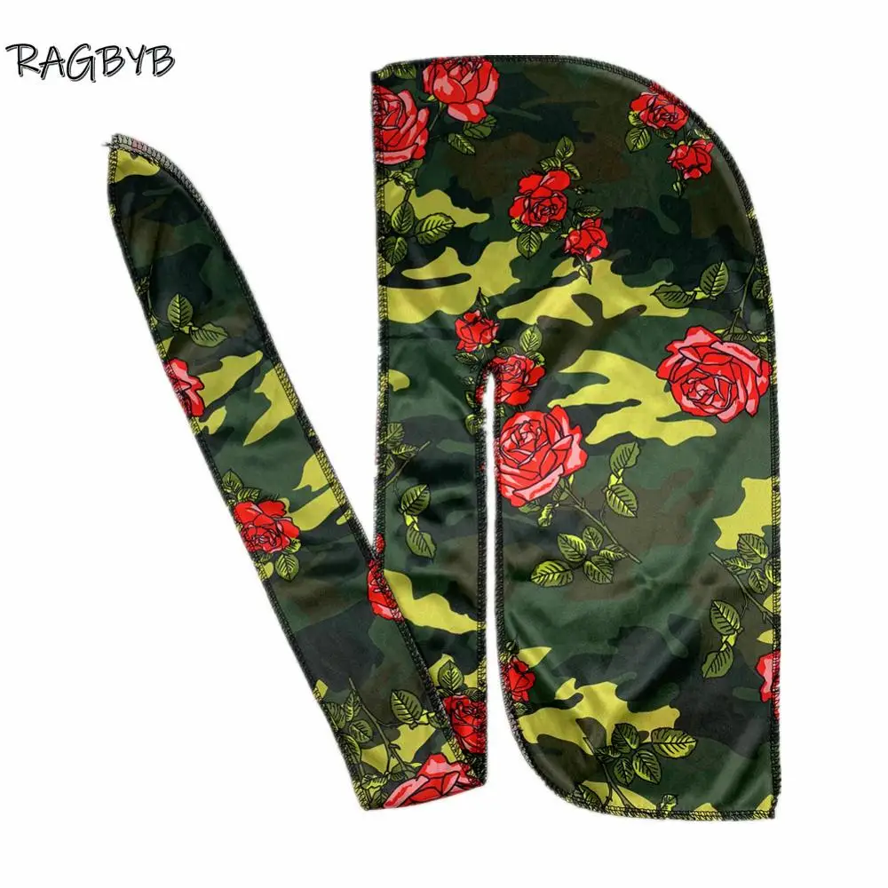 Nowy nadruk Camo jedwabne bandany Durag dla mężczyzn jedwabiste Durag długi ogon czapka z falą szalik na głowę…