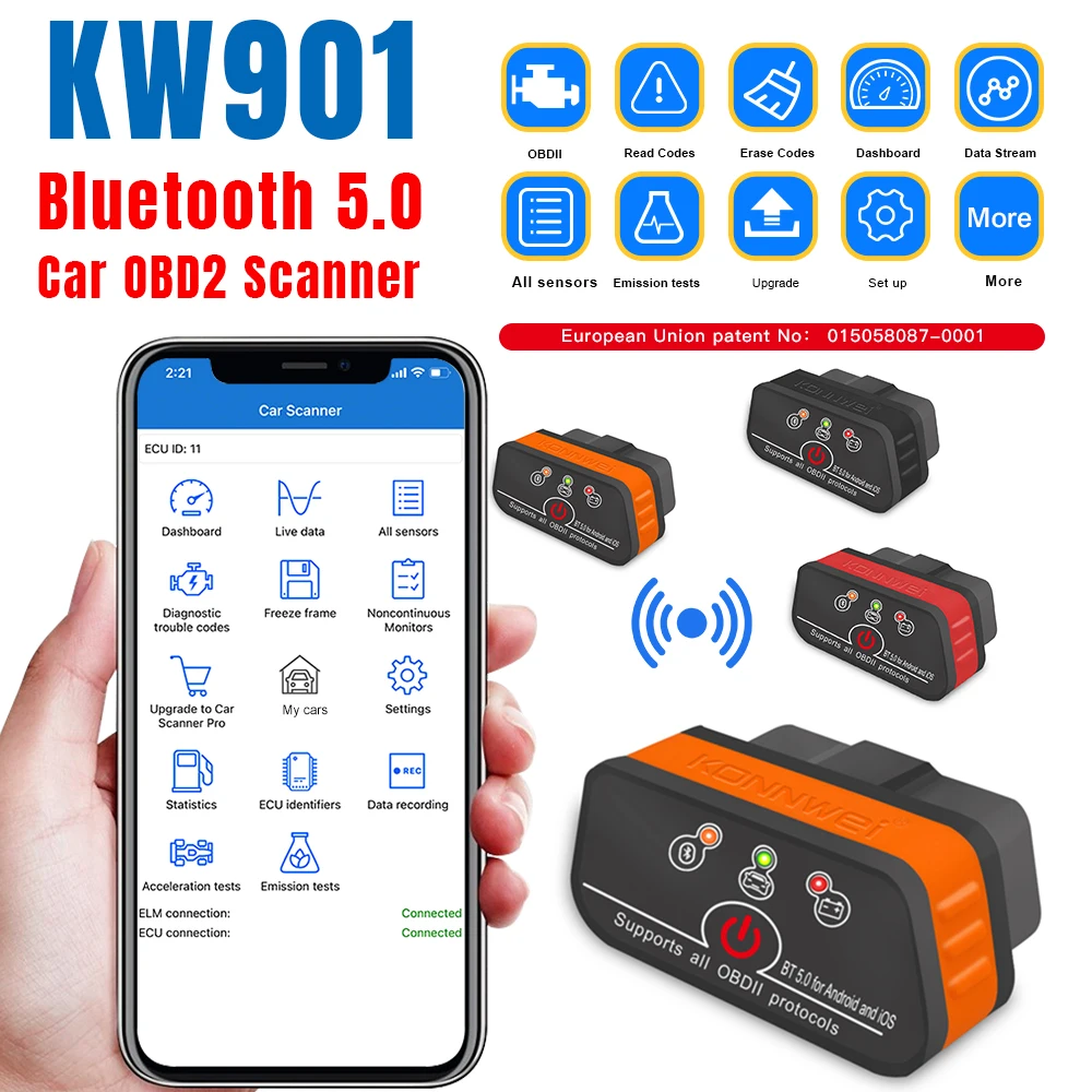 Nowy skaner samochodowy KONNWEI KW901 ELM327 V1.5 Bluetooth 5.0 OBD2 do Androida/IOS, narzędzie diagnostyczne… Nowy skaner samochodowy KONNWEI KW901 ELM327 V1.5 Bluetooth 5.0 OBD2 do Androida/IOS, narzędzie diagnostyczne…