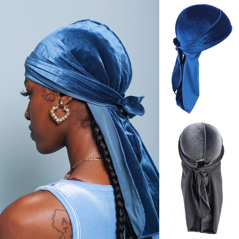 Nowy unisex jednokolorowy miękki aksamitny długi ogon kapelusz piracki oddychająca chustka Durag długa wstążka…