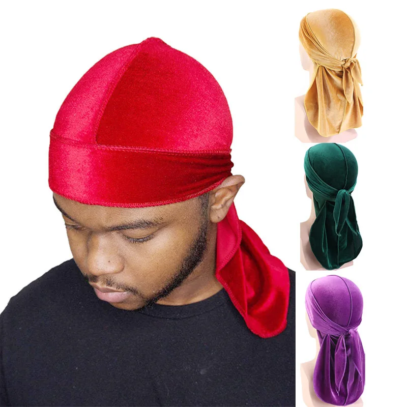 Nowy Unisex Velvet Durags Bandana Turban Hat Mężczyźni Kobiety Oddychający Ciepły Długi Ogon Doo Rag Durags…