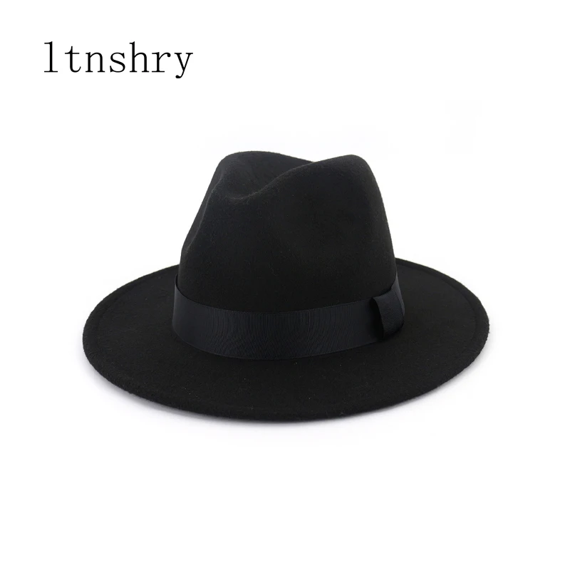 Nowy Vintage Fedora wełniane dla mężczyzn szerokie rondo cylinder Witner jesień dla kobiety Chapeau czarny…