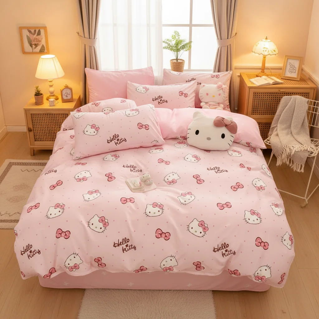 Nowy Zestaw Pościeli Anime H-Hello Kitty, Uroczy Różowy Zestaw Poszewek na Kołdrę z Kokardką i Kotkiem dla…