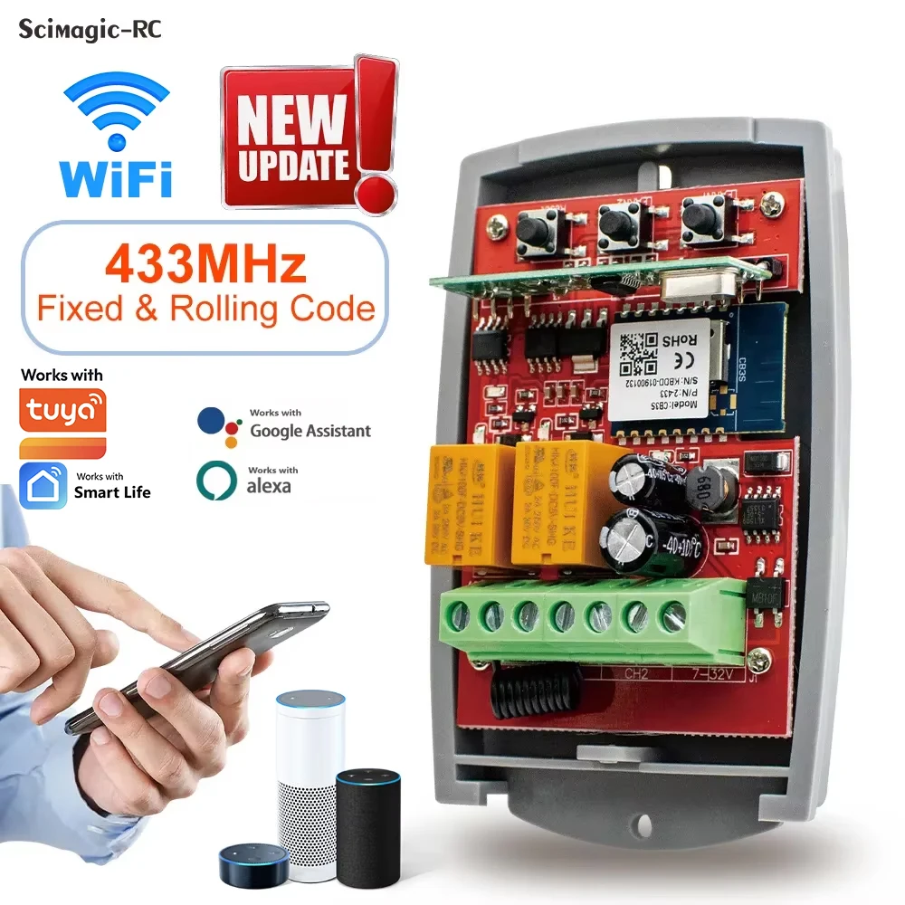 Odbiornik WIFI do bram garażowych 2-kanałowy 433MHz Uniwersalny Sterownik Kodu Stałego i Zmiennego…