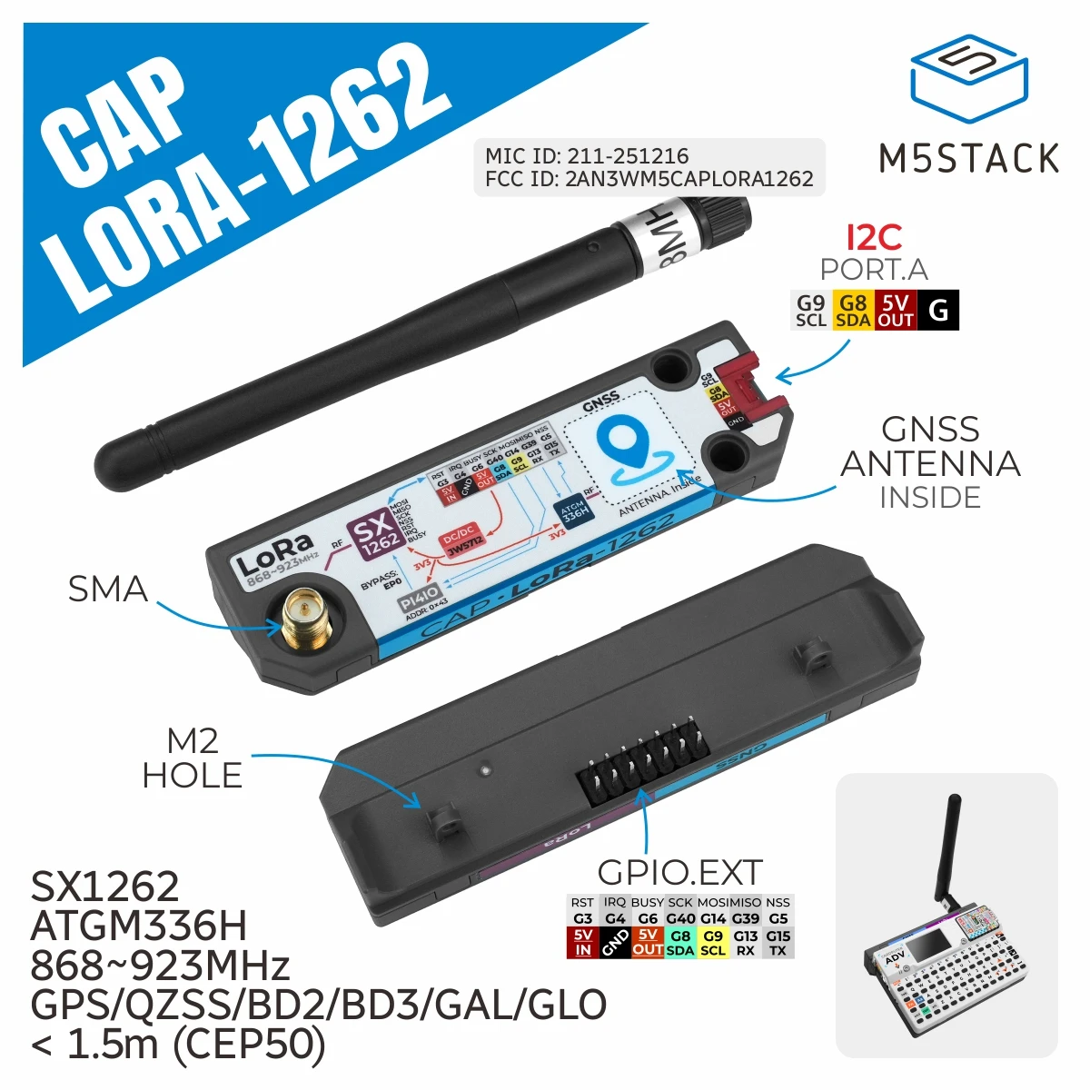 Oficjalny moduł M5Stack Cap LoRa 1262 dla Cardputer Adv (SX1262, ATGM336H) Oficjalny moduł M5Stack Cap LoRa 1262 dla Cardputer Adv (SX1262, ATGM336H)