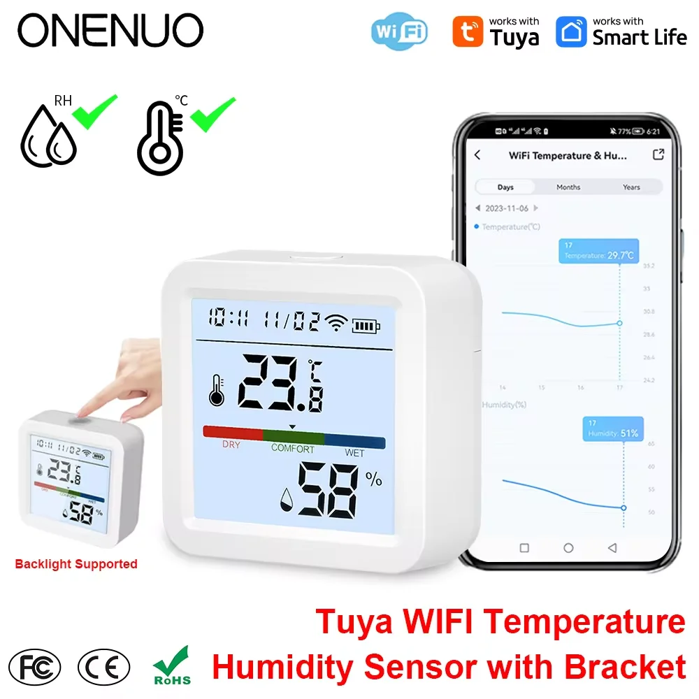 ONENUO Tuya WIFI czujnik temperatury i wilgotności higrometr termometr inteligentne podświetlenie domu… ONENUO Tuya WIFI czujnik temperatury i wilgotności higrometr termometr inteligentne podświetlenie domu…