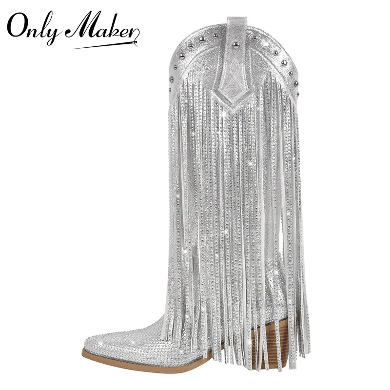 Onlymaker damskie srebrne Rhinestone Fringe kolana wysokie buty zachodnie duże rozmiary blokowy obcas… Onlymaker damskie srebrne Rhinestone Fringe kolana wysokie buty zachodnie duże rozmiary blokowy obcas…